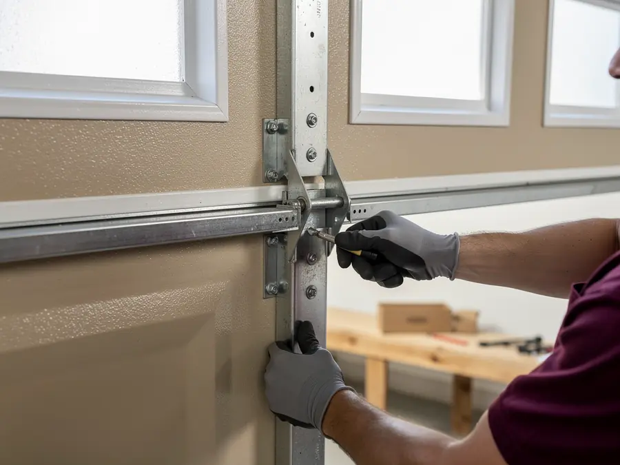 A technician in gray gloves adjusts a garage door hinge with a screwdriver.