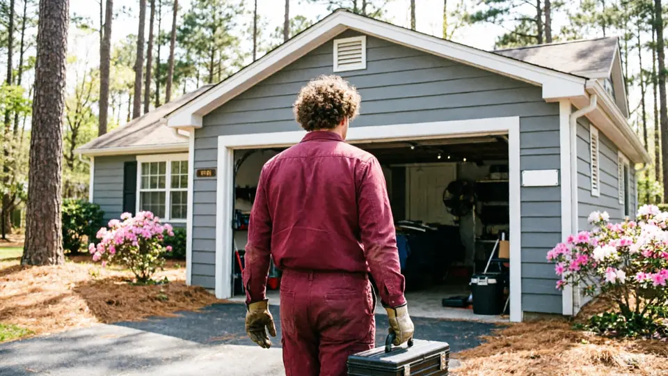A technician in a red uniform carries a toolbox toward an open garage door.
