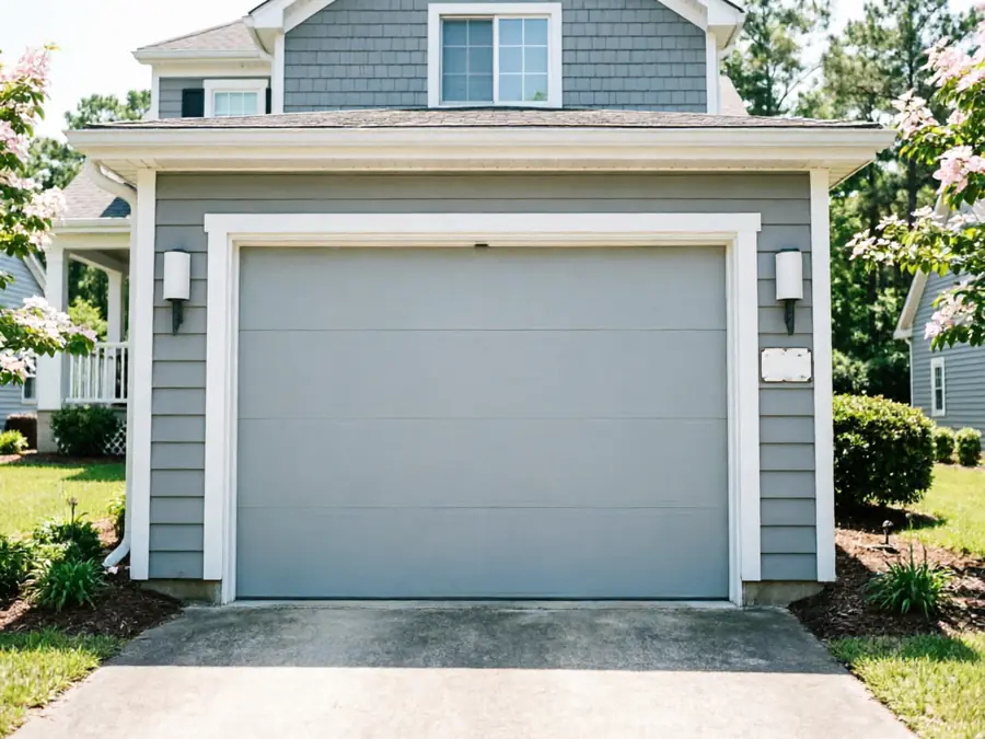 A gray garage door with white trim on a gray house.