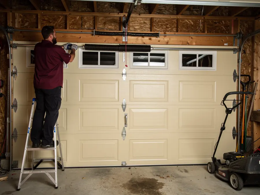 A technician on a ladder works on a garage door torsion spring.